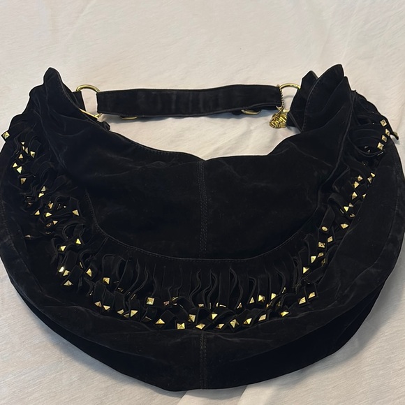 Black & gold faux Suede Studded fringe Hobo shoulder Bag zippered boho chic - Picture 1 of 11
